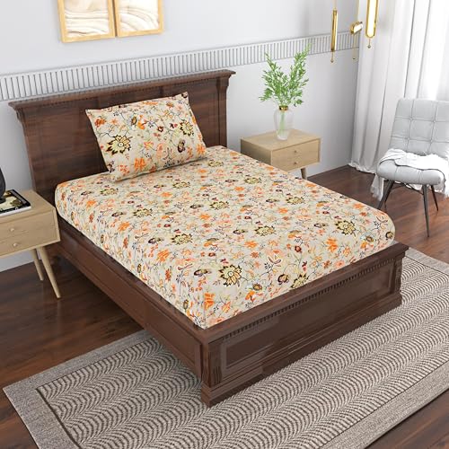 Image of Mafatlal Saanjh 144 TC Cotton Single Bed Sheet 90x60 Inch | Beige Printed Single Bedsheet | Soft Comfortable Fabric | Jaipuri Collection with Pillow Cover | Satin Beige