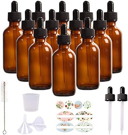 RusseryPek 12PCS 2oz 60ml Amber Glass Bottles with [Glass Pipette Dropper] for Essential Oil Diffuser, Aromatherapy, Chemistry Lab, Perfume (Brush, Droppers, Funnels, Labels, Measuring Cups Included)