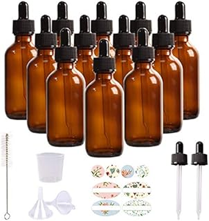 RusseryPek 12PCS 2oz 60ml Amber Glass Bottles with [Glass Pipette Dropper] for Essential Oil Diffuser, Aromatherapy, Chemistry Lab, Perfume (Brush, Droppers, Funnels, Labels, Measuring Cups Included)