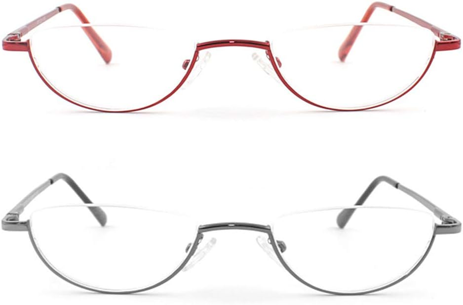 MMOWW 2 Pack Half Moon Reading Glasses for Men Women Slim Metal Half Frame Readers Semi Rimless Eyewear with Spring Hinge (Red+Gray - Image 3