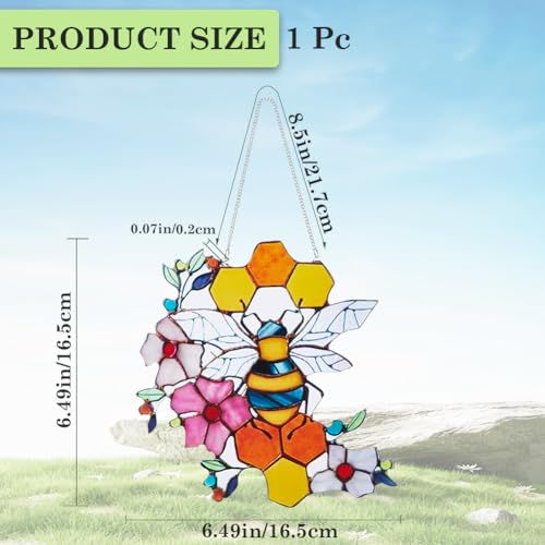 CREATCABIN Bees Stained Acrylic Suncatcher Honeycomb Window Hanging Decor Double Side Hand-Painted Ornament with Chain for Bee Lover Gift Mom 6.5x6.5 Inch - Image 2