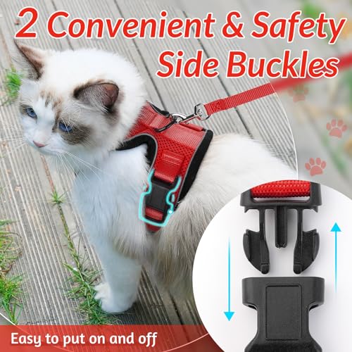Image of rabbitgoo Cat Harness and Lead Set, Escape Proof Vest, Red | Soft Breathable Mesh, Adjustable Fit, Snap Buckles, Reflective Strips, with 1.5m Lead for Small & Average Cats Walks, XS