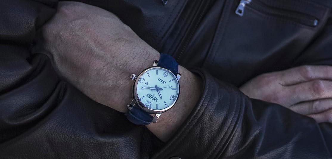 Brillier Men's 42 mm Automatic Dress Watch, Airborne X1, 660 ft WR, Easy to Read White DIAL(Green Glow in Dark), Blue Leather Strap ARBN42GR3