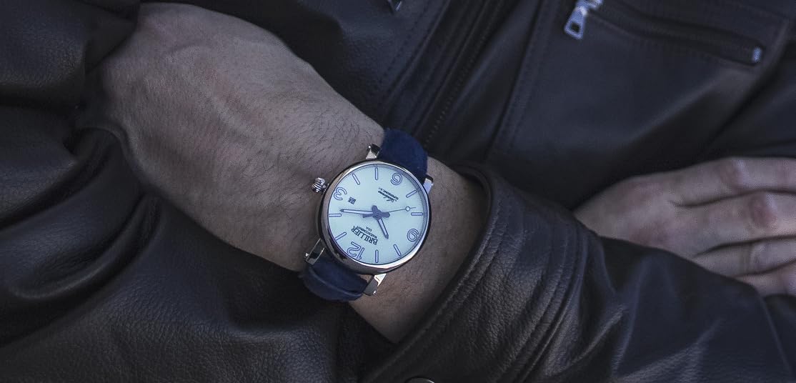 Brillier Men's 42 mm Automatic Dress Watch, Airborne X1, 660 ft WR, Easy to Read White DIAL(Green Glow in Dark), Blue Leather Strap ARBN42GR3