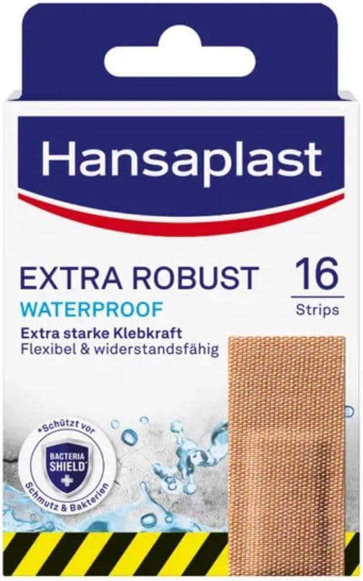 Hansaplast Extra Robust Waterproof Textile Plasters (16 Strips), Durable and Waterproof Plaster with Extra Strong Adhesion, Flexible and Breathable Wound Plasters