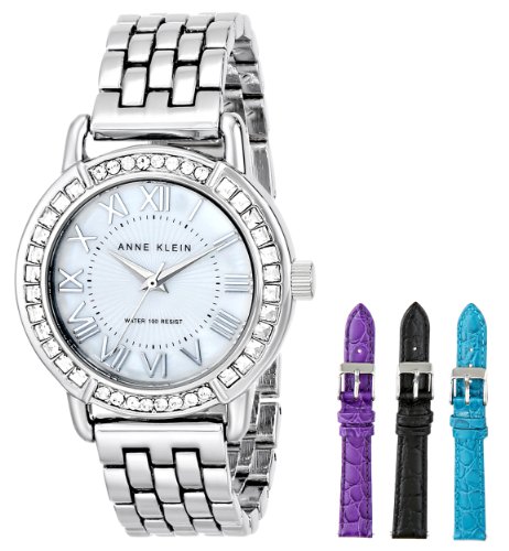 Anne Klein Women's Silver-Tone Premium Crystal Accented Bracelet Watch with Three Additional Bands