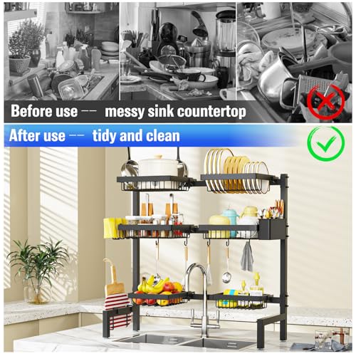 SNSLXH 3 Tiers 6 Baskets Dish Drying Rack, 24.8"-35.4",Over Sink Dish Drying Rack, 3-Tier Large Sink Rack for Kitchen, Extensible and Adjustable, Saving Kitchen Space