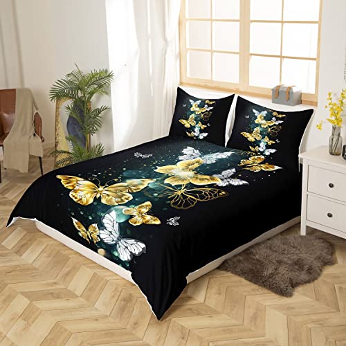 Butterfly Bedding Set For Girls Boys Children Kids Gold And White Butterflies Comforter Cover Flying Animal Pattern Duvet Cover Black Room Decor Luxury Bedspread Cover Queen Size Bedding Collection #TOP1