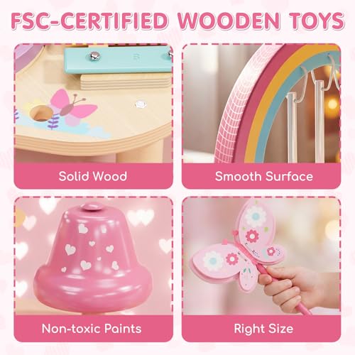 Lehoo Castle Holz Montessori Kinder Schlagzeugset Spielzeug ab 1- 3 Jahre mädchen , Musikinstrumente für Kinder mit Xylophon Trommel, Musikspielzeug für Babys im Vorschulalter, Lernspielzeug Geschenk