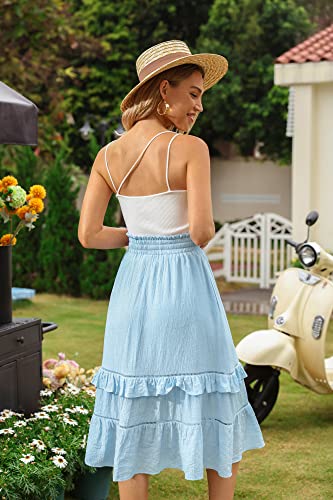 Kate Kasin Women Ruffle A Line Tiered Swing Bohemian Midi Skirt Elastic High Waisted Casual Skirt With Pockets Blue L #TOP3