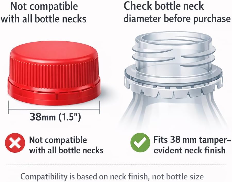Pack of 100 Red 38mm Tamper-Evident Bottle Caps (1.5”) – Screw-On Plastic Caps for Bottles with 38mm Tamper-Evident Neck Finish – BPA-Free HDPE