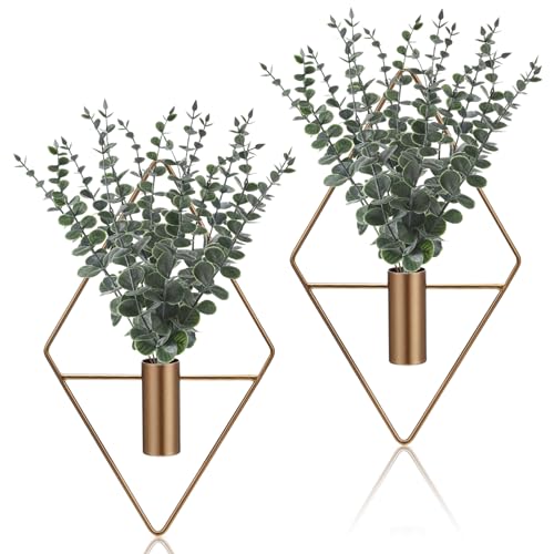 Image of Jexine Hanging Planters with Artificial Eucalyptus Metal Hanging Vase Indoor Plants Holder Modern Geometric Boho Bathroom Wall Decor for Living Room Home Office (Bronze,8 Pcs)