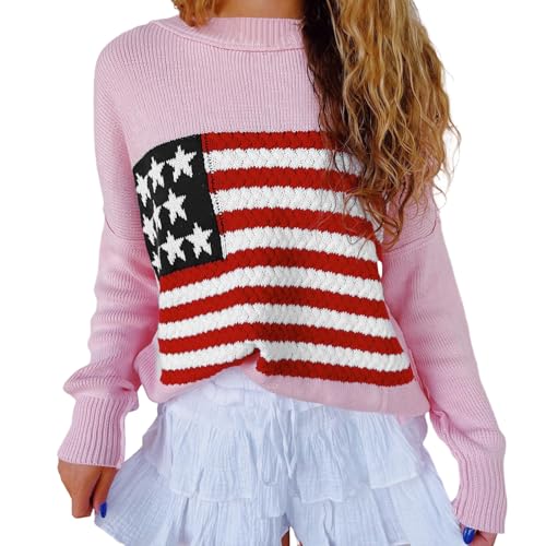 Image of Womens American Flag Sweater Long Sleeve Crew Neck Star Graphic Knit Pullover Tops Casual Loose USA Sweater