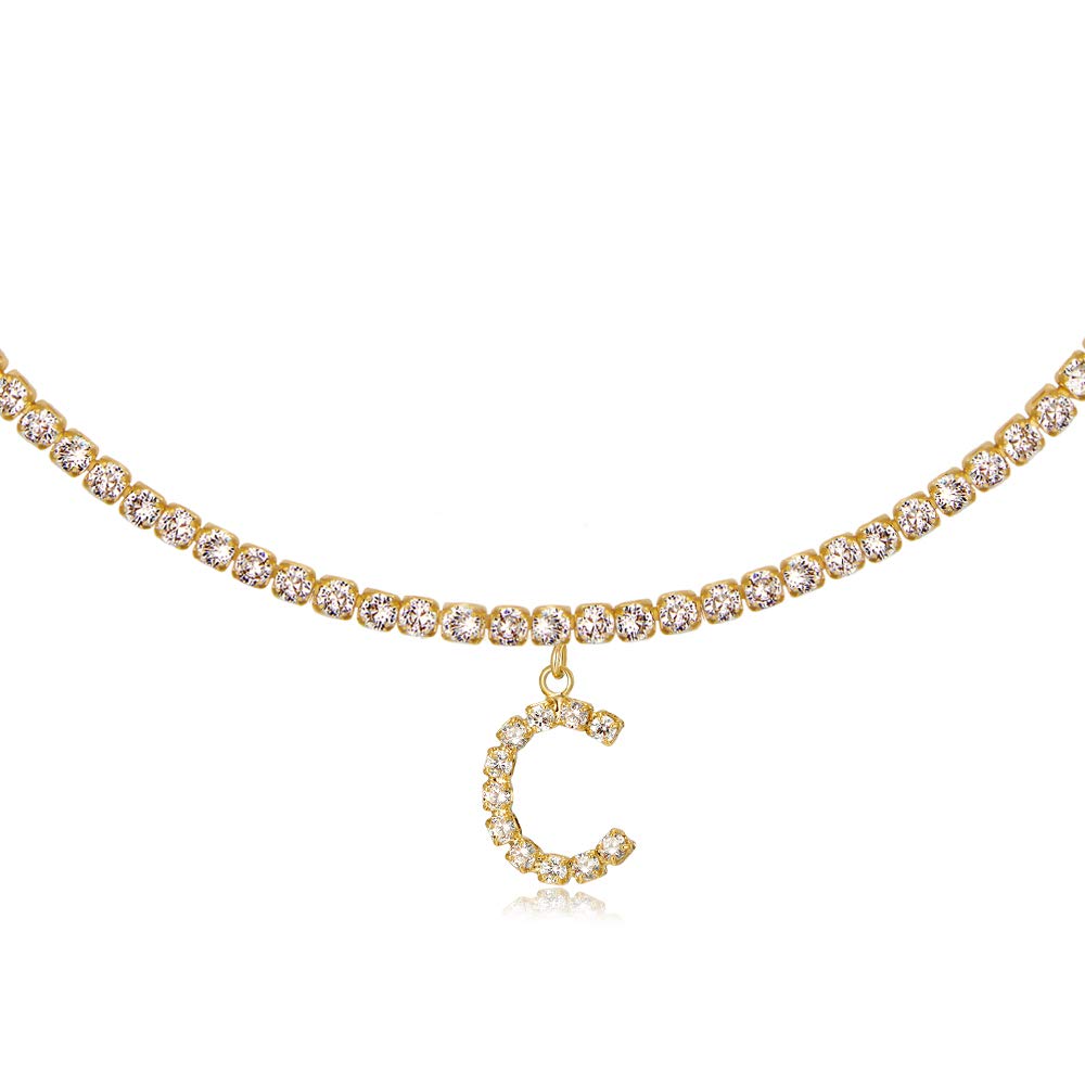 Letter Necklace 14k Gold Plated Tennis Chain Initial Choker Bling Iced CZ Diamond Necklace for Women