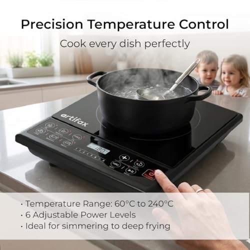 Image of ARTIFAX 1800W Induction Cooktop with 6 Power Levels & Push Button Control | Auto Cook Menu | Overheat Protection | LED Display | Energy Efficient Electric Induction Stove (Black)