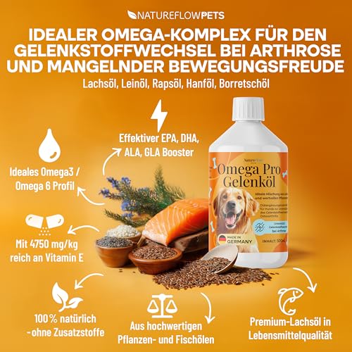 Omega Pro Gelenköl Mix TESTSIEGER - Besser als reines Lachsöl Hund für Gelenkstoffwechsel bei Arthrose - Ideales Omega 3/6 Profil aus Fischöl (Lachsöl für Hunde) mit Leinöl, Hanföl, Borretschöl