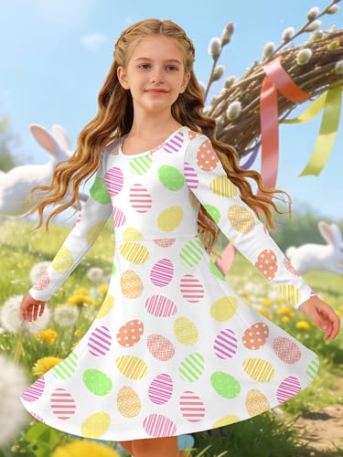Image of Ithalt Girls Easter Dress Bunny Print Shirts Easter Long Sleeve Dresses Litter Girls Christian Easter Gifts 5-12y