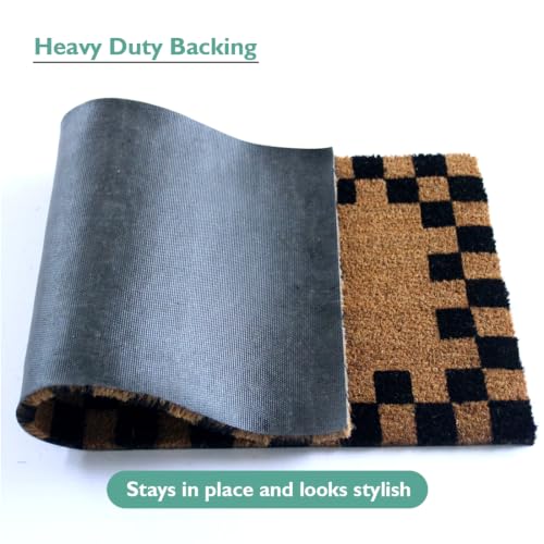 Image of ATMAH Home Checkered Border Coir Door Mat 40 x 90 cm | Heavy Duty Entrance Mat | Anti Slip PVC Backing | Indoor & Covered Outdoor Doormat