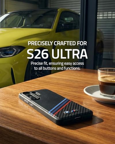 Image of CG MOBILE BMW [Official Licensed], Protective Case Designed for Galaxy S26 Ultra (2026)| Magnetic System PU Leather Texturized Case Tricolor Crossing Stripes & Metal Logos - Black