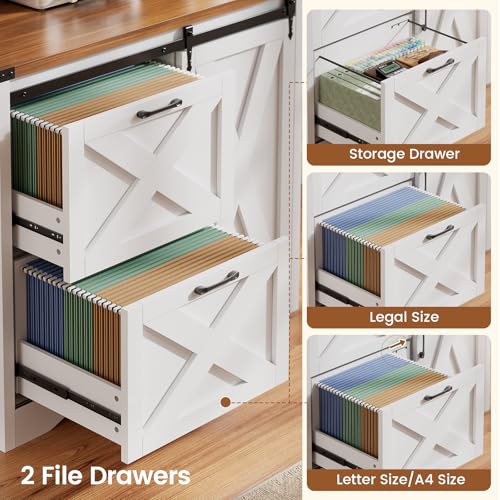 SEDETA 2 Drawer File Cabinet, Farmhouse Filing Cabinet for Home Office fits Legal/Letter/A4 File, Office File Cabinets with Printer Stand, Sliding Door and Storage Bookshelf, White + Brown - Thumbnail 4