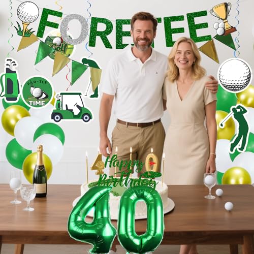 Image of 40th Birthday Decorations for Men 51 PCS Golf Party Decorations | Party Decorations with FORETEE Banner,Hanging Swirls,Number Balloons,Cake Topper for Men Sports Themed Party Supplies