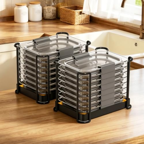 MOUKABAL Lid Organizer for Rubbermaid Brilliance Food Container Lids – Vertical Storage, Metal Frame with Bamboo Base, 2-Pack for 3.2/4.7 Cup Containers, Kitchen Lid Holder (Black 2-Pack)