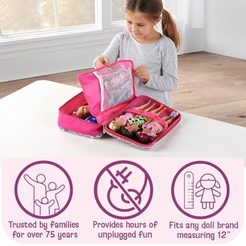 Badger Basket Stylish Travel Case for 12 Inch Fashion Dolls - Storage Solution with Pockets for Doll Accessories - Best for On-The-Go Travel - Lipstick Print Design by Badger Basket - Image 3