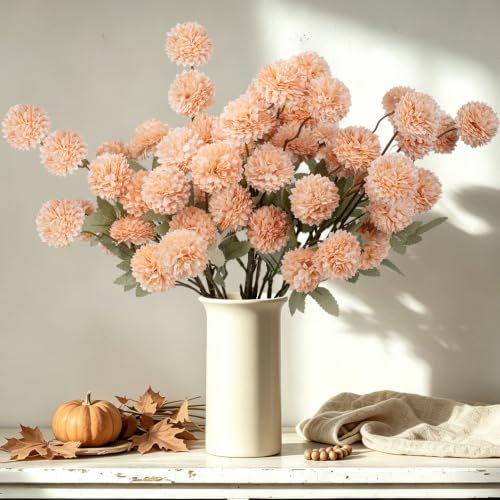 INQCMY Fake Fall Mums Artificial Kiku Flowers 20 Long Stem Peach