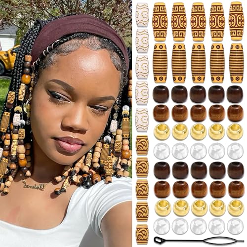 Image of NAISKA 60PCS Wood Hair Beads for Braids Long Tube Bead Acrylic Round Gold Beads Multi Styles Loc Dreadlock Decoration Vintage Jewelry Accessories Sets for Women Unisex