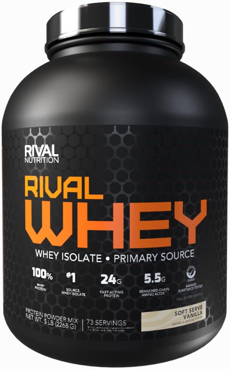 Rival Nutrition Rival Whey Soft Serve Vanilla Protein Powder 5 Lb, 73 Servings I 100% of Protein from Whey I Isolate Primary Source I 24g Protein, 5.5g BCAAs Per Scoop I Recovery, Active Lifestyles