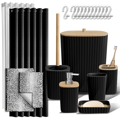 Clara Clark Bathroom Accessories Set - Bathroom Set, Bathroom Sets with Shower Curtain and Rugs, Shower Curtain Set with Bathroom Trash Can - Ombre Black - 22PC