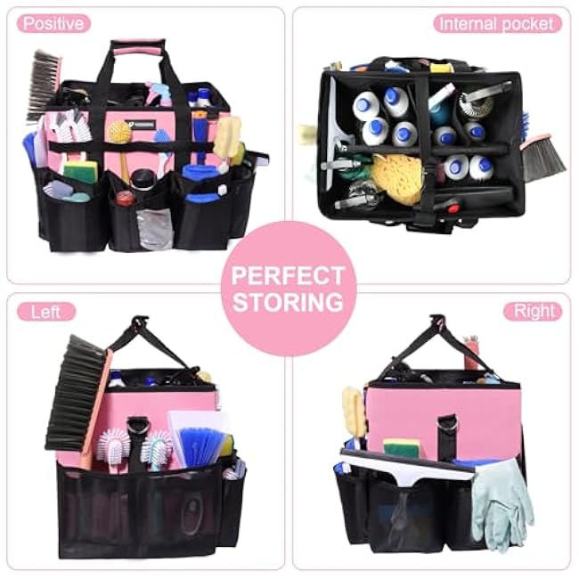 Large Rolling Cleaning Caddy Bag with Wheels, with Detachable Trolley, Cleaning Bags on Wheels for Housekeepers, Cleaning Cart Supplies Organizer for Home, Car, Picnic (Pink)