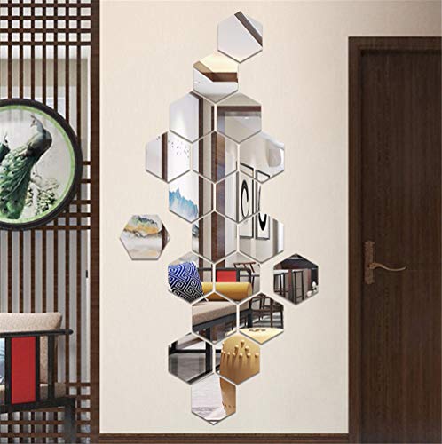 3D Mirror Acrylic Wall Stickers Tiles, Jigsaw Hexagon Wavy Mirror Sticker Art DIY Home Decorative Wall Sheet Plastic Mirror for Home Living Kids Room Bedroom Sofa TV Setting Decoration Decor Decal
