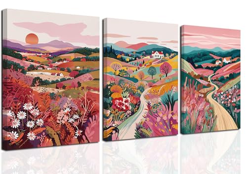 Dytila 3 Piece Large Colorful Canvas Wall Art, Boho Mountain