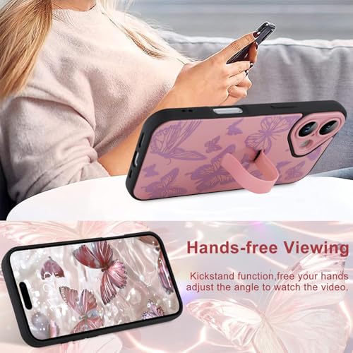Image of for iPhone 16 Case with Finger Strap Holder, Cute Cool Butterfly Print Pattern Design for Women Girls, Shockproof Anti Scratch Hand Kickstand Protective Cover, Pink