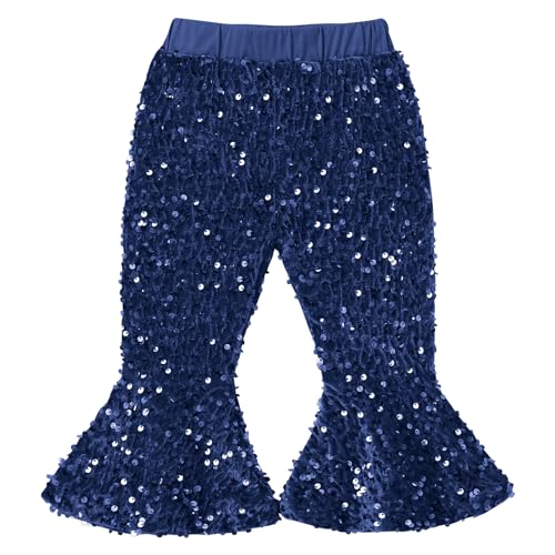 ODOLDI Toddler Sequin Bell Bottom Pants Blue Velvet Baby Flare Pants Sparkly Flared Pants Girls Fall Winter Casual Elastic Waist Sparkly Sequins Bell Bottom Flare Pants Navy Blue 12-18 Months