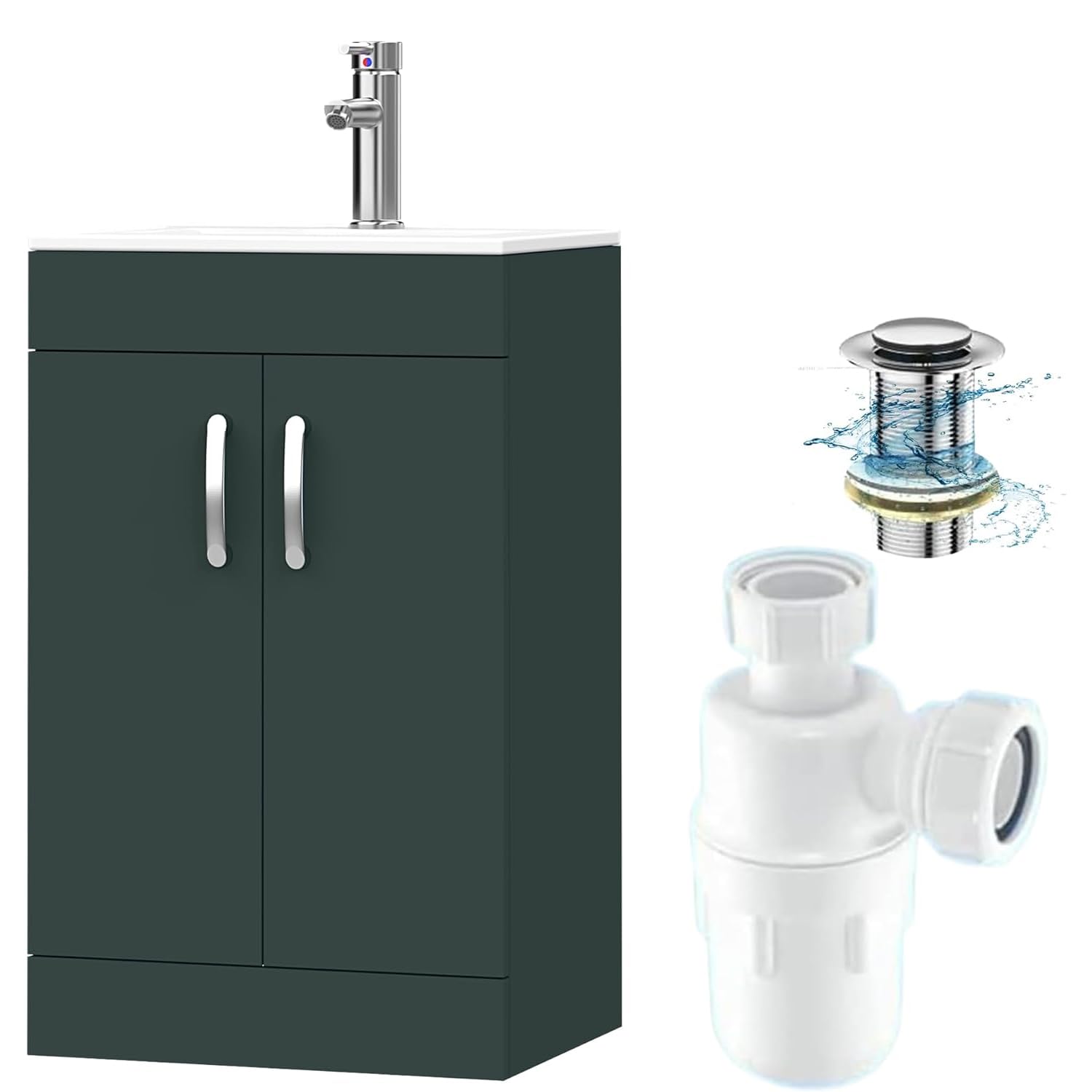 BELOFAY Under Sink Bathroom Cabinet Floor Standing Storage Cupboard Basin Vanity Unit, 500mm Laquered Cloakroom Vanity Unit with Basin, Trap and Waste, Tap not Included (New York Green)