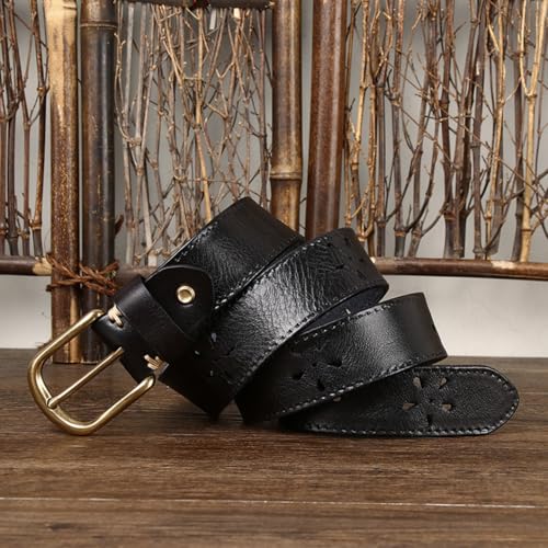 Men's Leather Stitching Belt for Casual Jeans and Workwear 1.5" Wide Hollow Flower Waist Strap Gift Box Packaging2