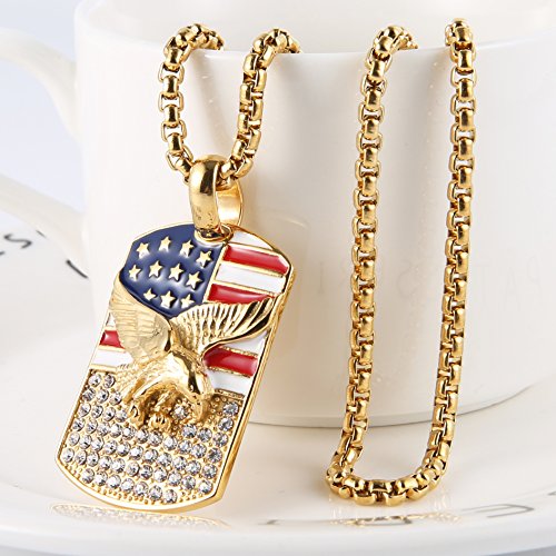 Hzman Men's 18K Gold Plated Stainless Steel 3D Eagle American Flag Dog Tag Cz Pendant Necklace (Dog Tag - B) #TOP4