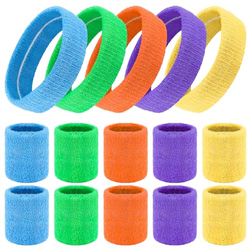 Meng Jiaran 15Pcs Sports Headband and Wristbands Set,80s Neon Sweat Bands Absorbent Sweatbands for Gym Running Football Soccer Tennis Basketball Girls Ladies Boys