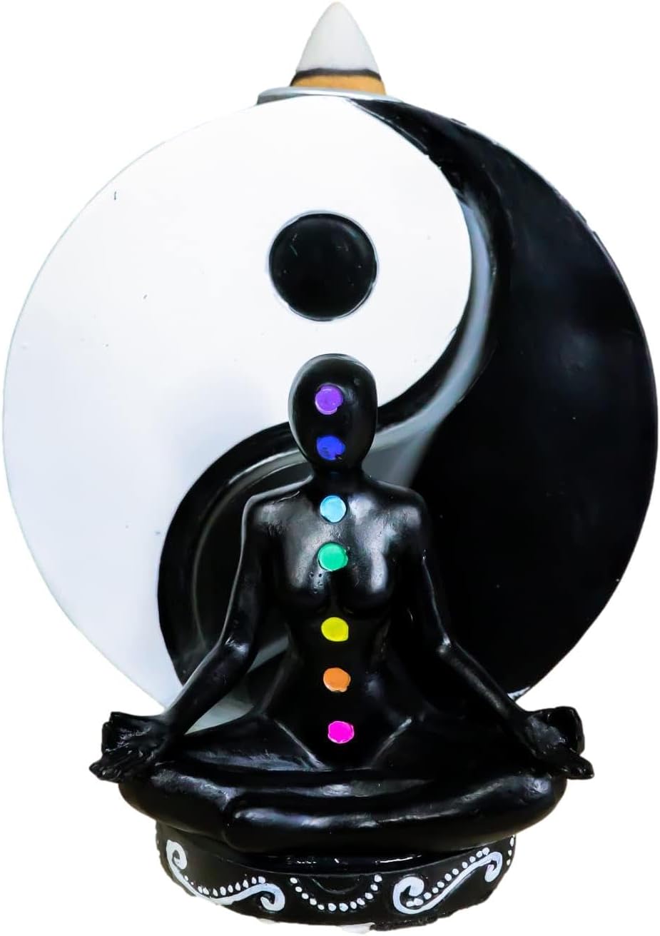 Ebros Gift Small Spiritual Harmony Chakra Yoga Avatar Sitting in Meditation with Black and White Yin and Yang Throne Backflow Incense Cone Burner Figurine with 7 Chakra Zone Colors