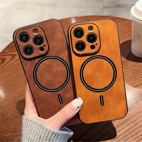 Protection iPhone 14 cuir magnétique antichoc marron pour charge Qi - 5