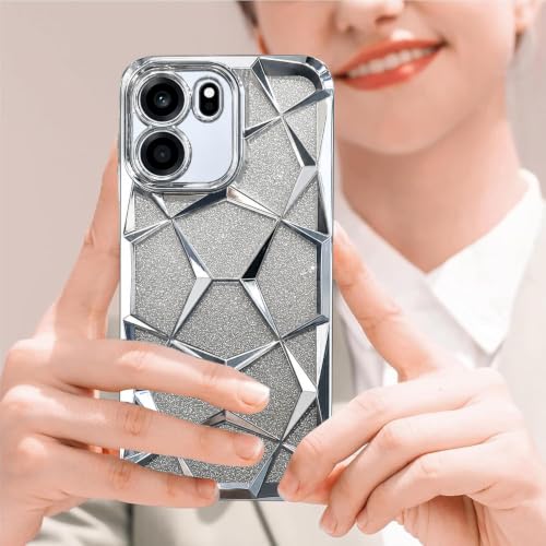 Image of VONZEE Gradient Glitter Case for Oneplus Nord Ce6, Luxury Electroplated 3D Cube, Diamond Bling Shiny Soft TPU Clear Shockproof Women Girls Protective Phone Cover (Silver)
