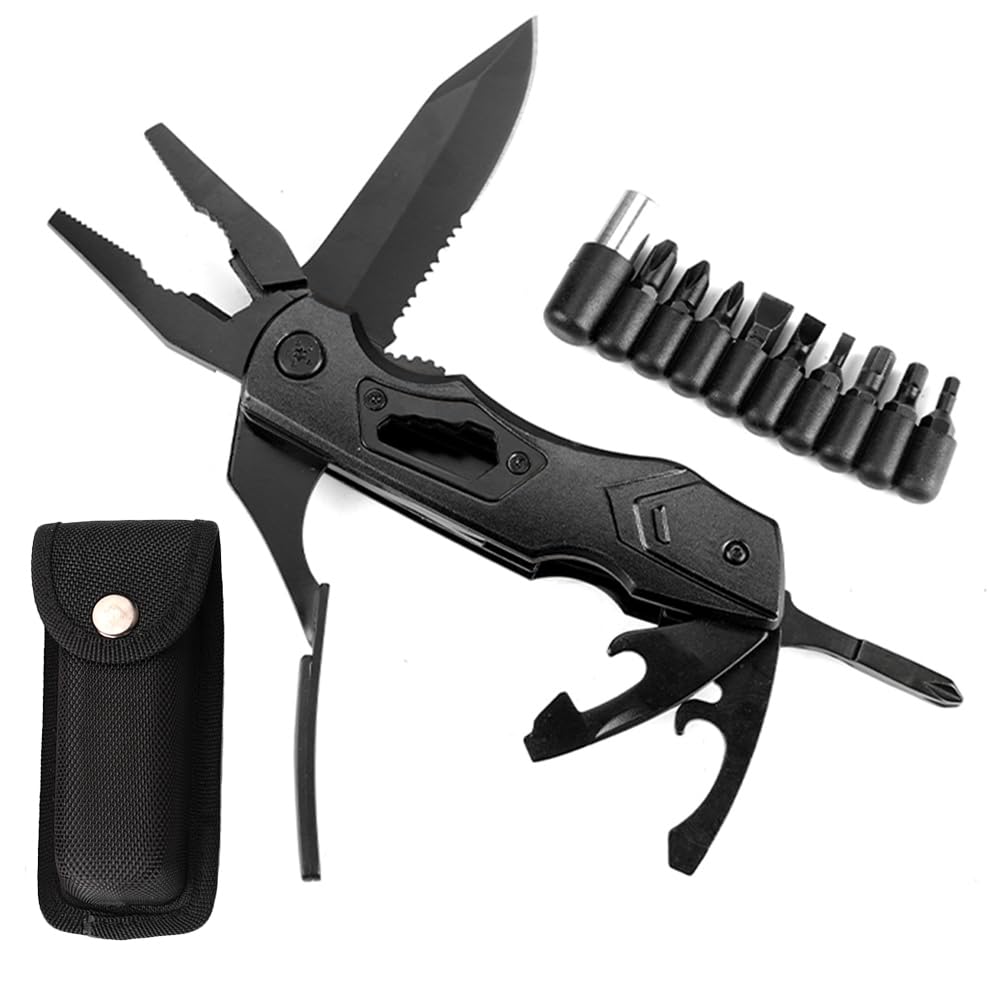 SMYLLO Multi Tool, Multitool Pliers Pocket Folding Camping Knife, Bottle & Can Opener 10-Pack Screwdrivers Set Liner Lock Nylon Sheath, Chrismas/Birthday Gifts for Men/Dad (Black)