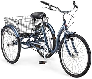 Schwinn Meridian Adult Tricycle Bike, Three Wheel Cruiser, 24-Inch Wheels, Low Step-Through Aluminum Frame, Adjustable Handlebars, Large Cruiser Seat, Rear Folding Basket, 1-Speed, Slate Blue