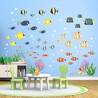 DECOWALL DW-2001 Watercolour Tropical Fish Kids Wall Stickers Decals Peel and Stick Removable for Nursery Bedroom Living Room Art murals Decorations