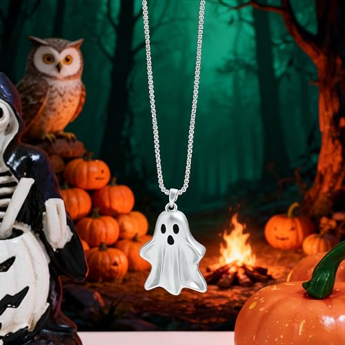 SHANTYSON Halloween Ghost Pendant Necklace Gold - Plated Spooky Charm Ghosts Necklace for Women with Box Chain (silver) - image 5