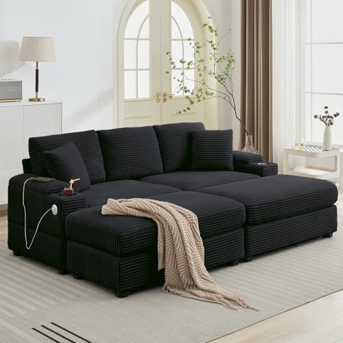 86.61'' Oversized Double Chaise Lounge Chair Indoor with Ottoman & Armrest Storage, Comfy Corduroy Reclining Chair with Cup Holder & USB Port, Lazy Sleeper Sofa for Living Room and Bedroom (Black)