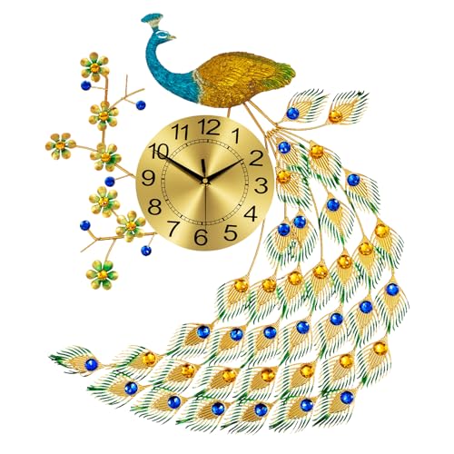 Large Peacock Wall Clock 29.5 inch 3D Creative Luxury Wall Clock Silent Non-Ticking Battery Operated Modern Art Decorative Wall Clocks Living Room Decor Big Clock