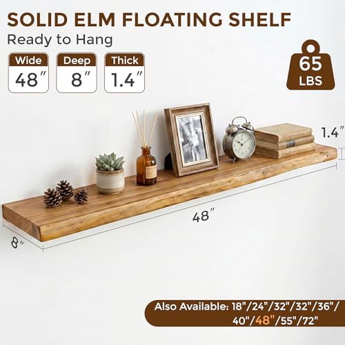 Image of Dreamland Rustic Elm Wood Floating Shelves for Wall Decor, 48 Inch Long Live Edge Wooden Floating Shelves Wall Mounted, 8 Inch Deep Wall Shelf for Bathroom, Living Room, Kitchen, Bathroom, Natural